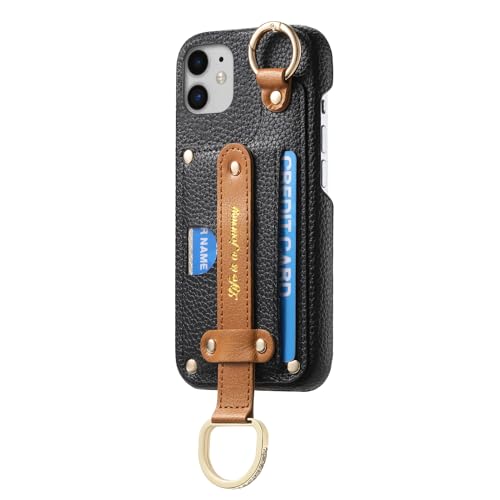 COQUE Hülle für iPhone 12 Schutzhülle mit [Armbandring][RFID-Blockierung][Diamantring], PU-Leder-Brieftaschen-Abdeckung für iPhone 12-Schwarz von COQUE