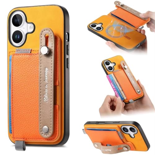 COQUE Hülle für iPhone 16 Plus Leder Brieftaschenhülle mit [Handschlaufe] [Kartenfach] [Ständer], PU Stoßfeste Handyhülle, Cover für iPhone 16 Plus-Gelb von COQUE