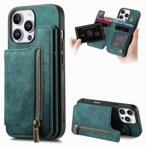 COQUE Hülle für iPhone 16 Pro Max Hüllen, Retro-Stil mit Reißverschluss-Kartenhalter-Telefonhülle, Hülle für iPhone 16 Pro Max Shell-Grün von COQUE