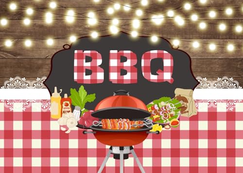 CORFOTO 2.7x1.8m Hintergrund für Grillpartys für die Familie, braunes Holzbrett, Lichterkette, Spitze, Barbecue in der Wildnis, Grill-Themenparty-Hintergrund, Brautparty, Sommerpark-Dekorationen von CORFOTO