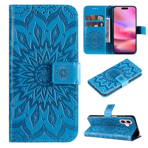 COTDINFOR Handyhülle für iPhone 16 Hülle mit Schutzfolie Flip Klappbare Magnetische Kartenfach Wallet Standfunktion Premium Leder Schutzhülle Klapphülle für iPhone 16 Blue KTT. von COTDINFOR