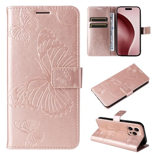 COTDINFOR Handyhülle für iPhone 16 Pro Hülle mit Schutzfolie Flip Case Klappbare Magnetische Kartenfach Wallet Standfunktion PU Leder Tasche Schutzhülle für iPhone 16 Pro Rose Gold KTB. von COTDINFOR