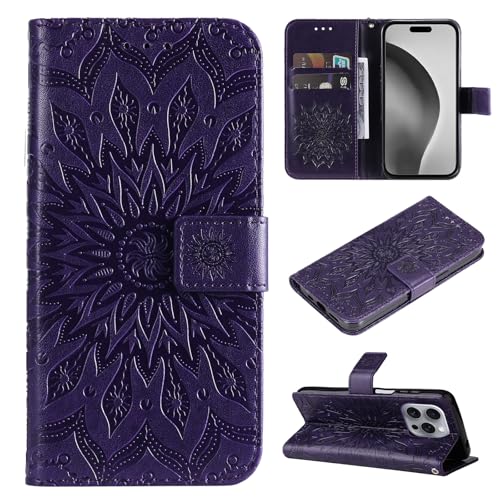 COTDINFOR Handyhülle für iPhone 16 Pro Max Hülle mit Schutzfolie Flip klapphülle Stoßfeste Magnetische Lederhülle Klappbar Standfunktion Kartenfächern Cover für iPhone 16 Pro Max Purple KTT von COTDINFOR