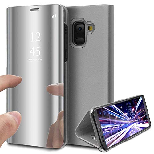 COTDINFOR Samsung Galaxy A6 + 2018 Hülle Ledertasche Handyhülle Männer Mädchen Slim Clear Crystal Spiegel Flip Ständer Etui Hüllen Schutzhüllen für Samsung Galaxy A6 Plus 2018 Mirror PU Silver MX. von COTDINFOR