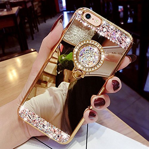 COTDINFOR iPhone 8 Plus + Hülle Bling Glitzer Diamant Spiegel Schutzhülle Kristall Strass Ständer Halter Stoßdämpfend TPU Silikon Handy Crystal Etui für iPhone 7/8 Plus + Ring Mirror Gold. von COTDINFOR