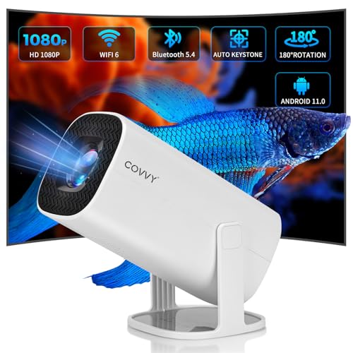 COVVY Mini Projektor, tragbarer Projektor mit WiFi 6,BT 5.4 und Android 11.0, automatische Keystone Korrektur, 180 Grad drehbarer Smart Home Cinema Projektor für Telefon/TV Stick/Laptop von COVVY