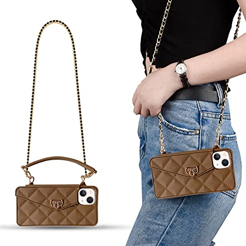 CQUUKOI für iPhone 14 Pro Max Hülle,Crossbody-Handyhülle Niedliche Brieftasche Handyhülle mit Lanyard Schultergurt Kreditkarteninhaber Weiches Silikon Handtasche Telefonkasten für Mädchen Frauen Braun von CQUUKOI