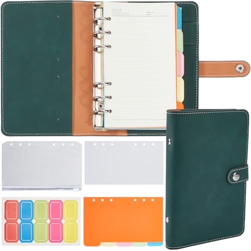 CREATCABIN A6 Leder Binder Nachfüllbares Notizbuch Spirale Tagebuch Notizblöcke 6 Ringe Loseblatt Budget Journal Notizbuch mit Bindertaschen Nachfüllpapier Umschlag für Frauen Männer Arbeit Büro von CREATCABIN