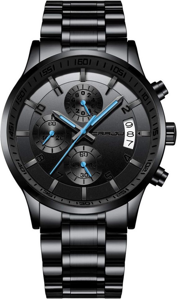 CRRJU Herren's wasserdichte Chronographen Watch, mit Kalender Armbanduhr Edelstahlband Stoppuhr Analog Quarzuhr von CRRJU