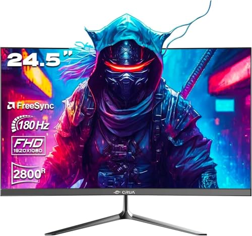 CRUA 24.5 Zoll Curved Gaming Monitor, 180Hz, Full HD 1080P, 1ms GTG, FreeSync, Rahmenlos, VESA, DisplayPort, HDMI, Augenpflege, Schwarz von CRUA