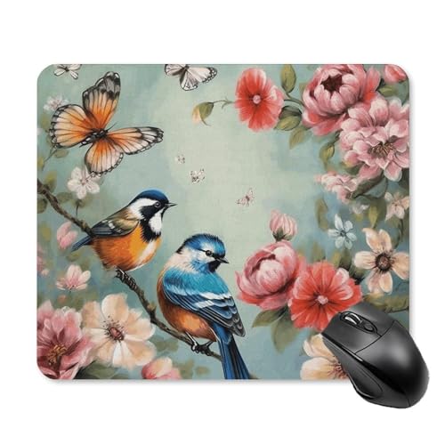 Mauspad mit rutschfester Gummiunterseite, Blumen, Vögel und Schmetterling, Mauspad mit genähtem Rand, Mauspad für Schreibtisch, kabellose Maus, Gaming-Mauspad für Computer, Laptop, Heimbüro von CSGJMYGS