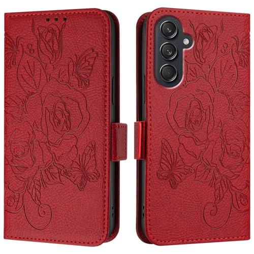 CSHNB Handy-Klapphülle kompatibel mit Samsung Galaxy M55/C55 5G, Brieftaschen-Hülle, schlankes PU-Leder, Handy-Klapphülle, stoßfeste Schutzhülle mit Kartenfächern und Handschlaufe, Rot von CSHNB