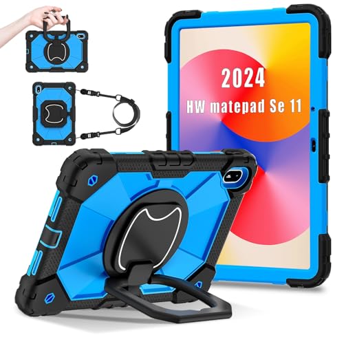 CSHNB Tablet PC Hülle Hülle Kompatibel mit Huawei MatePad SE 11 (2024) Robuste, stoßfeste Abdeckung, Schutzhülle mit 360°-Schwenkständer+Handschlaufe+Schultergurt Schutz(Black Blue) von CSHNB