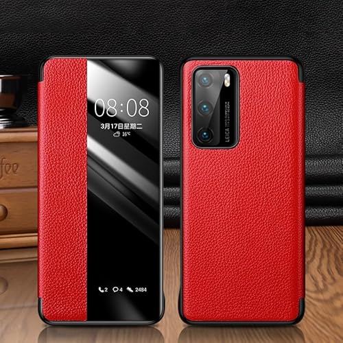 Klapphülle fürs Handy Kompatibel mit Huawei P40 Hülle, View Clear Smart Window, Luxus Flip Slim Mirror Hard PC Leder Flip stoßfeste Schutzhülle Compatible with Huawei P40 Phone Case Handyschutz(Red) von CSHNB