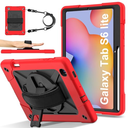 Tablet PC Hülle Tablet-PC-Hülle kompatibel mit Samsung Galaxy Tab S6 Lite 10.4 P613/P619 2022, robuste, stoßfeste Ganzkörper-Schutzhülle mit Handschlaufe und Ständer, Stifthalter Schutz(Red+Black) von CSHNB