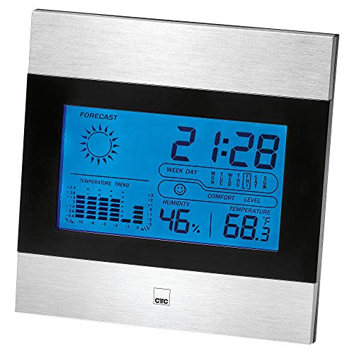 CTC WSU 7023 multifunktionale Wetterstation mit Uhr und LCD-Display (beleuchtet), Stand und Wandmontage möglich schwarz/Aluminium von CTC