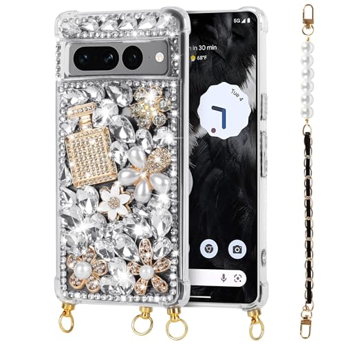 CUBTEM für Google Pixel 7 Hülle,Handyhülle mit Perlenkette,3D Handgefertigt Funkelnd Atemberaubende Steine Kristall Diamant Bling Glitter für Google Pixel 7 Case von CUBTEM