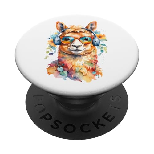 DJ Alpaca Alpaka - Cooles Llama mit Sonnenbrille & Kopfhörer PopSockets mit austauschbarem PopGrip von CUTE DJ ANIMALS X DJ Tiere Sonnenbrille Kopfhörer