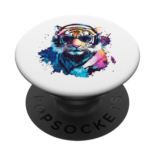 DJ Tiger Raubkatze Cooler Tiger mit Sonnenbrille & Kopfhörer PopSockets mit austauschbarem PopGrip von CUTE DJ ANIMALS X DJ Tiere Sonnenbrille Kopfhörer