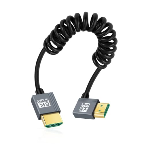 CY-Kabel, HDMI 2.1-Stecker auf HDMI-Stecker, 8K 60 Hz, dehnbares Spiralkabel, rechtwinklig um 90 Grad abgewinkelt, für HDTV, Computer, Laptop-Monitor von CY