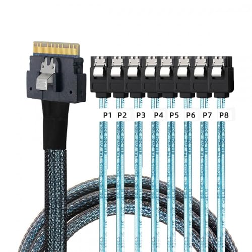 CY-Kabel Slimline SAS 4.0 SFF-8654 8i 74-poliger Host-Raid auf 8 SATA 7-polige Zielfestplatten-Fanout-Raid-Kabel 1-auf-8-Splitter (100 cm) von CY