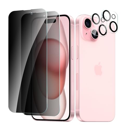 CYYAGE 2 Stück Sichtschutz Schutzfolie für iPhone 15 und 2 Stück Kameraschutz, Anti-Spähen Displayschutz HD Blickschutzfolie Privacy Schutzglas Folie, 9H Härte, Kratzfest von CYYAGE