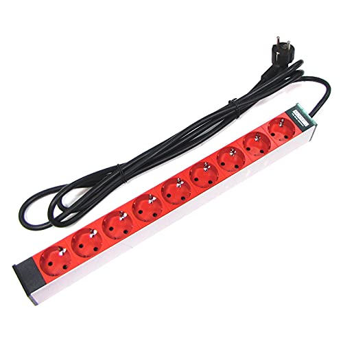 RackMatic - Steckdosenleiste Schutzkontakt Rackmontage PDU Rack 19" 1HE 9 Schuko rot Aluminium von Cablematic