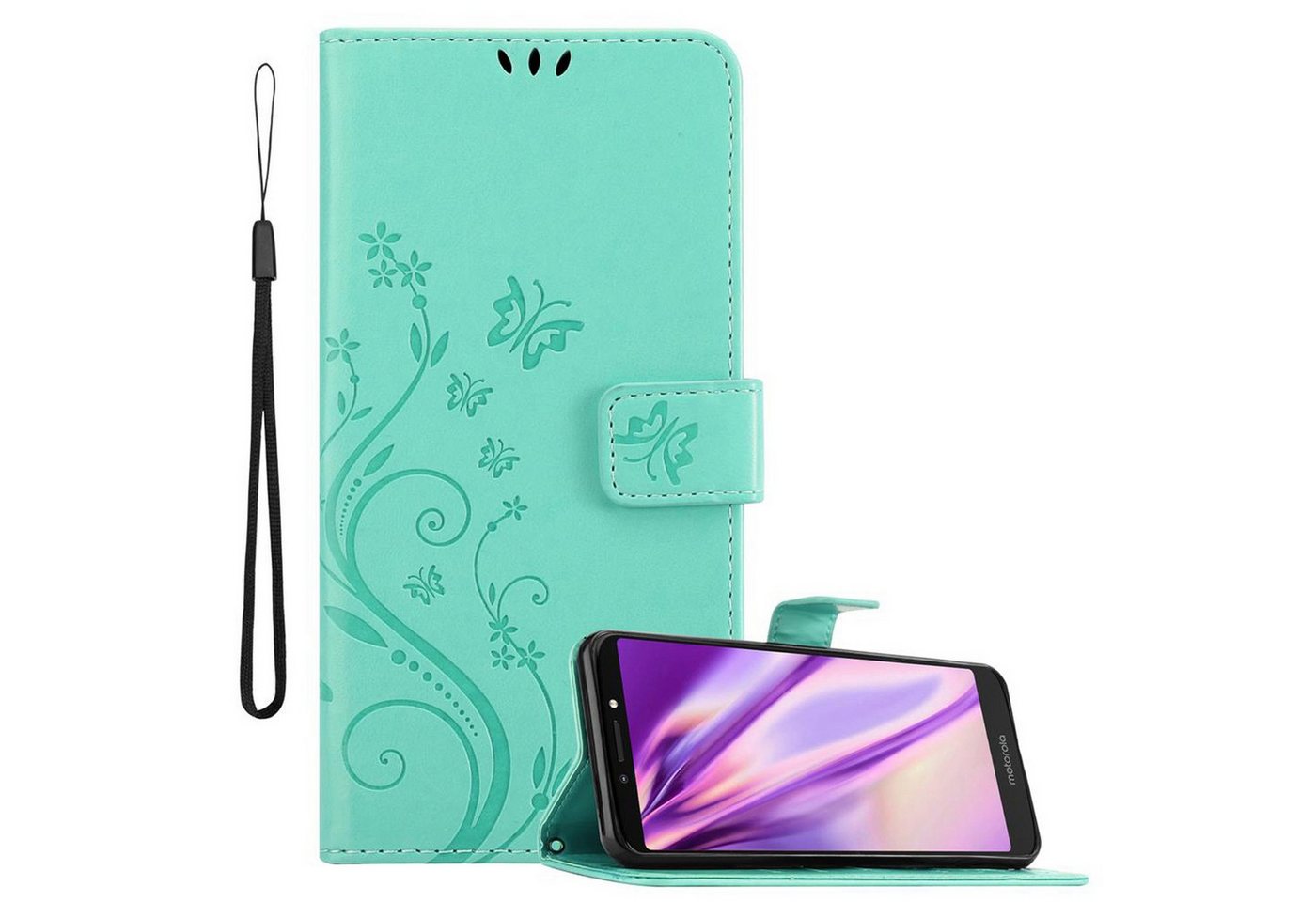 Cadorabo Handyhülle für Motorola MOTO E5 PLUS Hülle Motorola MOTO E5 PLUS, Hülle Schutzhülle Blumen Flower mit Standfunktion Kartenfach Magnet von Cadorabo