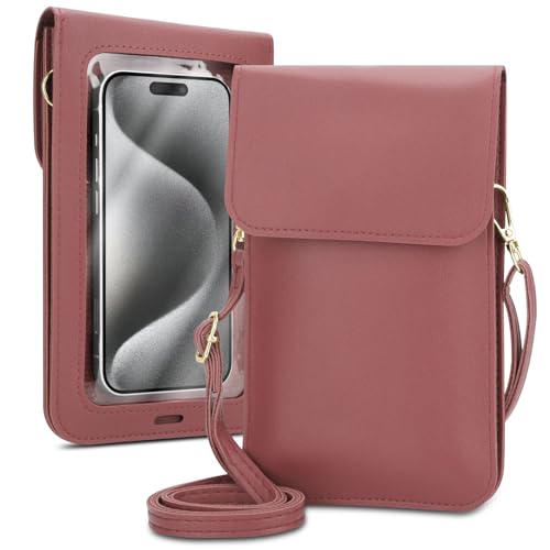 Cadorabo Handytasche zum Umhängen kompatibel mit Apple iPhone 15 Plus-kleine Handtasche mit Handyfach und Sichtfenster, Handy Umhängetasche Mini für iPhone 15 Plus, 2 Fächer, PULeder, Damen, PINK von Cadorabo