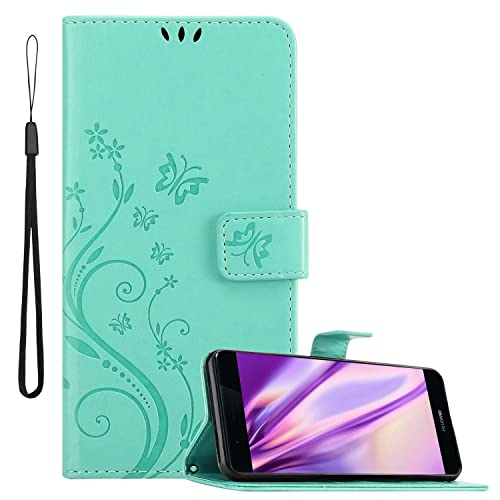 Cadorabo Hülle kompatibel mit Huawei P9 Plus Blumen Design aus Premium Kunst Leder Flip Klappbare Stoßfeste Magnetische [Standfunktion] [Kartenfächern] Cover Hülle für Huawei P9 Plus Tasche in Türkis von Cadorabo