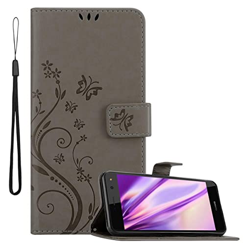 Cadorabo Hülle kompatibel mit Huawei Y5 2017 / Y6 2017 Blumen Design aus Kunst Leder Flip Klappbare Magnetische [Standfunktion] [Kartenfächern] Cover Hülle für Huawei Y5 2017 / Y6 2017 Tasche in Grau von Cadorabo