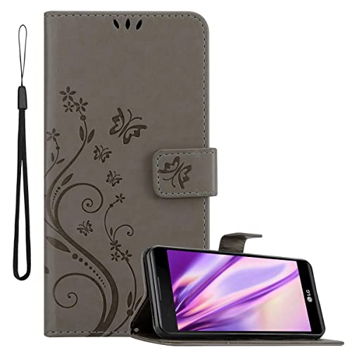 Cadorabo Hülle kompatibel mit LG X Power Blumen Design aus Premium Kunst Leder Flip Klappbare Stoßfeste Magnetische [Standfunktion] [Kartenfächern] Cover Hülle für LG X Power Tasche in Grau von Cadorabo