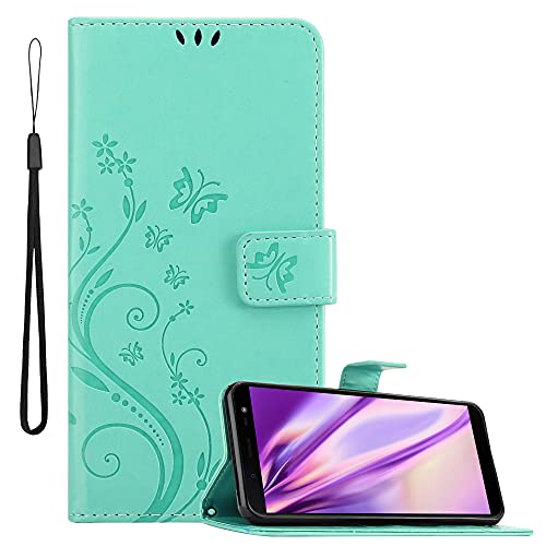 Cadorabo Hülle kompatibel mit Samsung Galaxy J6 2018 Blumen Design aus Kunst Leder Flip Klappbare Stoßfeste Magnetische [Standfunktion] [Kartenfächern] Cover Hülle für Galaxy J6 2018 Tasche in Türkis von Cadorabo