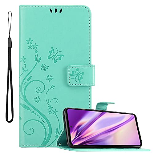 Cadorabo Hülle kompatibel mit Samsung Galaxy A72 4G / 5G Blumen Design aus Kunst Leder Flip Klappbare Magnetische [Standfunktion] [Kartenfächern] Cover Hülle für Galaxy A72 4G / 5G Tasche in Türkis von Cadorabo