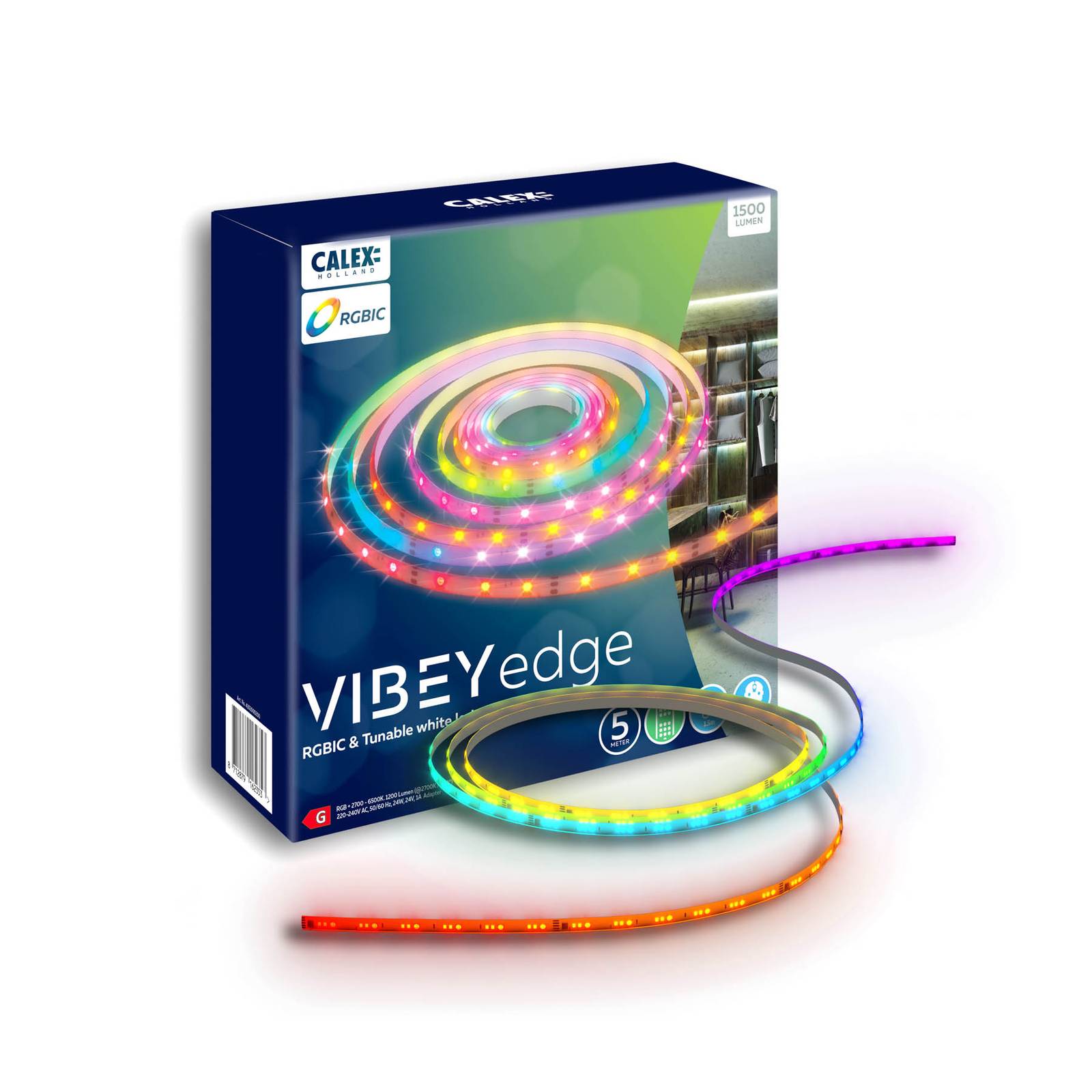 Calex LED-Strip Vibey, Länge 5 m, Stecker, Remote, RGB, CCT von Calex