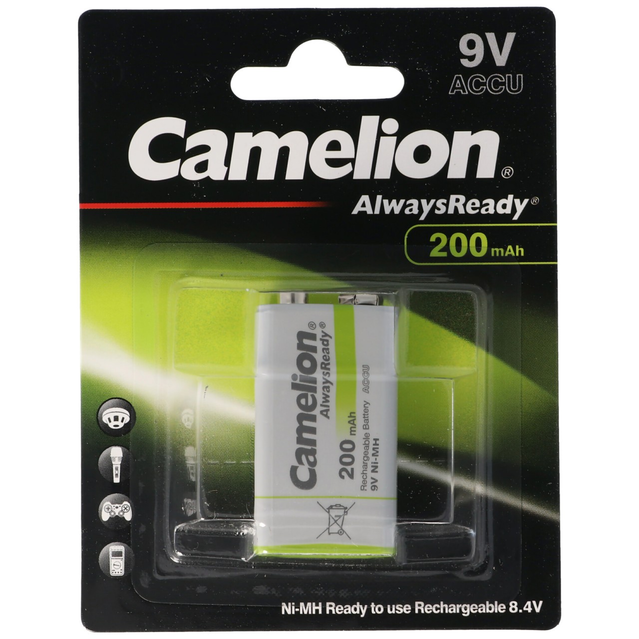 9V, HR6F22 NiMH Akku mit 200mAh, Always Ready mit geringer Selbstentladung, Ready to Use Akku, ideal für Taschenlampen, Messgeräte etc. von Camelion