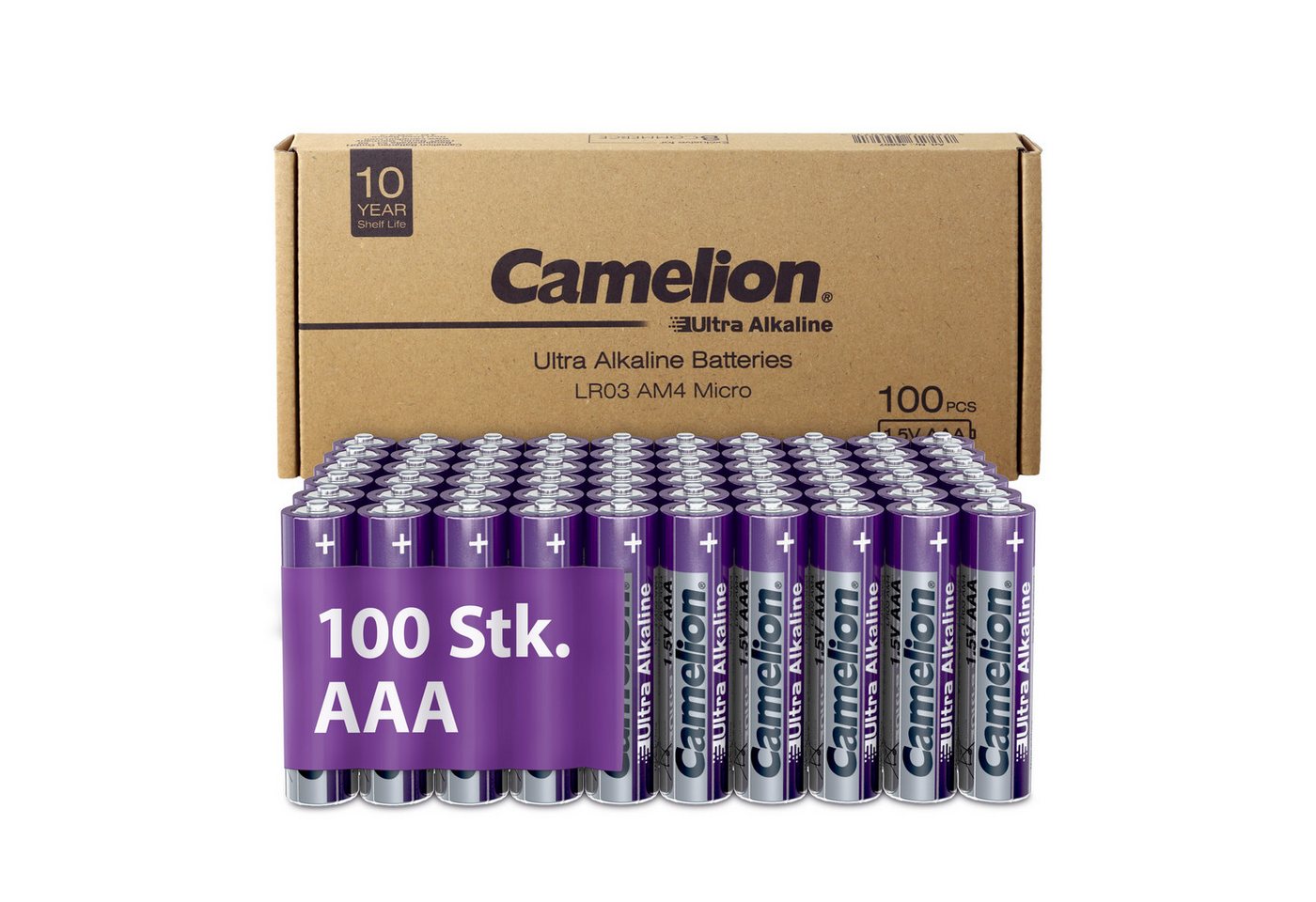 Camelion Camelion Ultra Alkaline AAA Batterien, 100 Stück, 10 Jahre Haltbarkeit Batterie, (100 St), 10 Jahre haltbarkeit von Camelion