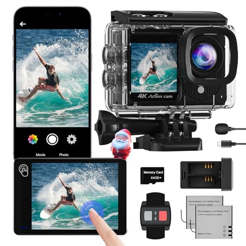 Dual Screen Action Cam 4K Mit 64GB Karte, 48MP WiFi ActionKameras, 40M Unterwasserkamera Mit EIS,170° wasserdichte Helmkamera mit Fernbedienung, Mikrofon, 2 Batterien,Sportkamera Helmhalterung Zubeh von Camlance