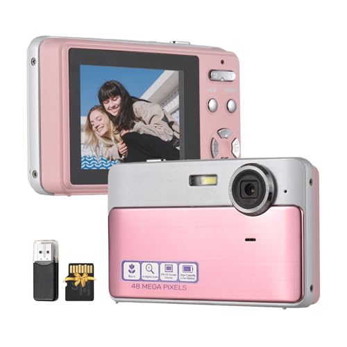 Camnoon 1080P Digitalkamera, 48 MP Fotokamera, 2,4-Zoll-Bildschirm, 16X Digitalzoom, eingebauter 600-mAh Akku mit 32 GB TF-Karte, USB-Kartenleser für Teenager, Kinder, Studenten, Anfänger (Rosa) von Camnoon