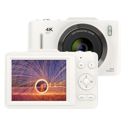 Camnoon 4K-Digitalkamera, 48 MP 16X Digitale Videokamera, 2,8-Zoll-IPS-Bildschirm, Anti-Shake, eingebauter LED Blitz, 800-mAh Akku für Teenager, Studenten, Freunde (Weiß) von Camnoon