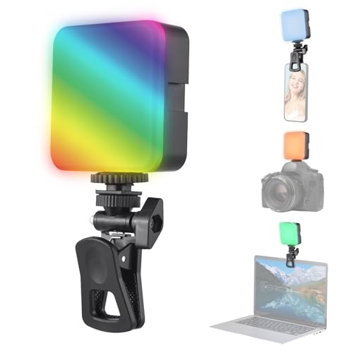 Camnoon RGB-Videolicht, Zweifarbtemperatur 3200 K- 6500 K, 185 LED-Lichtperlen, 3 Blitzschuhhalterungen für Computer, Tablet, Smartphone, DSLR-Kamera, eingebauter 500 mAh Akku mit Bildschirmclip von Camnoon