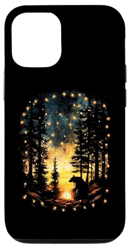 Hülle für iPhone 14 Cottagecore Aesthetic Bear Lagerfeuer Lichterkette von Camping Wilderness Forest Night sky Stars Nature