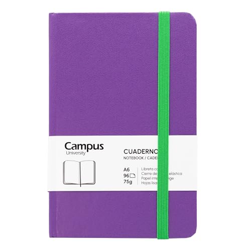 Campus Notizbuch A6, Bullet Journal mit glatten Blättern, genähtes Notizbuch mit festem Einband, 96 Blatt à 75 g, elastischer Verschluss, Tasche und Lesezeichen (A6, glatt, violett) von Campus