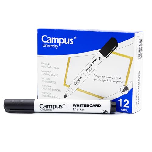 Campus Packung mit 12 Whiteboard-Markern mit konischer Spitze von 2 mm, ideal zum Schreiben auf Glas, Whiteboard und anderen glatten Oberflächen (schwarz) von Campus