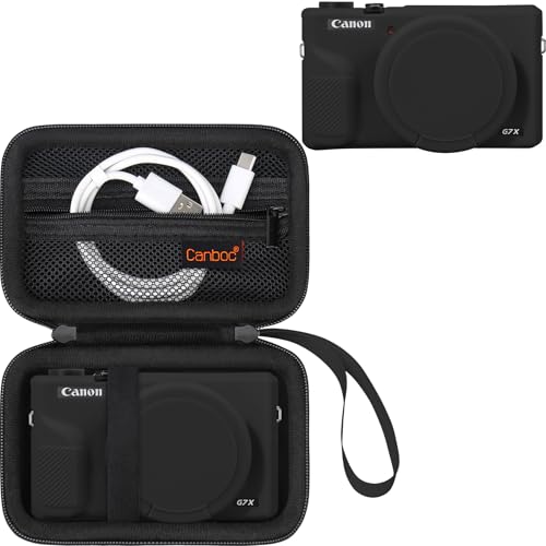 Canboc Tasche für Canon PowerShot G7X Mark III Digitalkamera, 1* Harte Tragetasche und 1* Weiche Silikonabdeckung mit Abnehmbarer Objektivabdeckung, Schwarz von Canboc