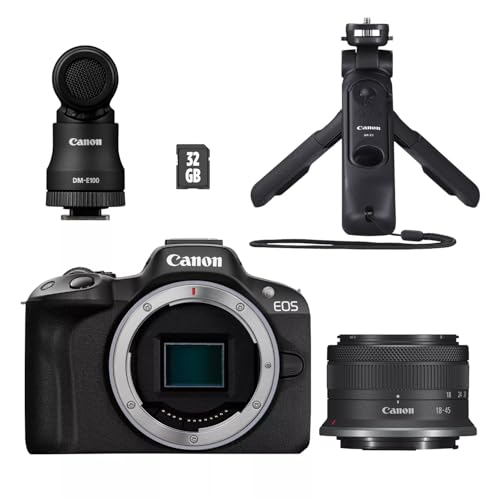 Canon EOS R50 Creator Kit Vlogging Kamera + RF-S 18-45mm is STM Objektiv + Griffstativ + Mikrofon - Spiegellose Kamera (Systemkamera, Digitalkamera mit Autofokus und Motiverkennung, 4K Video) von Canon