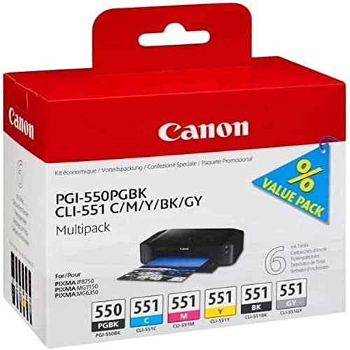 Canon PGI-550 / CLI-551 PGBK/C/M/Y/BK/GY Druckertinte - Multipack mit 6 Tinten für PIXMA Tintenstrahldrucker ORIGINAL von Canon