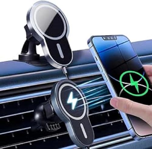 15W handyhalterung auto mit ladefunktio, Kabelloses Auto Ladegerät Dual-Use Lüftung Armaturenbrett Kfz Magnetische Handyhalter mit Metallringen für Iphone 15 14 13 12 Pro Max Samsung Smartphone von Carehabi