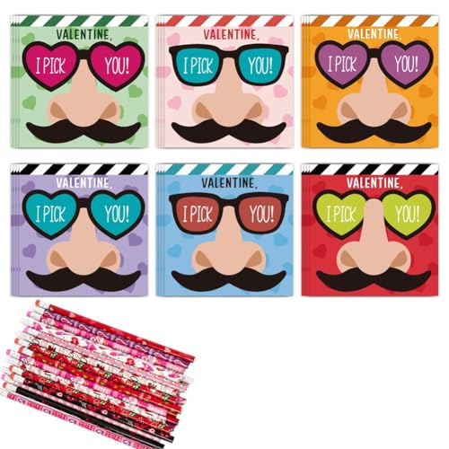 Carriere Lustiges Nasenbohren-Valentinstags-Geschenkset für Kinder - 24 Valentinstagskarten & 24 Bleistifte-Set - Ich Pick Dich Schnurrbart Brillen von Carriere