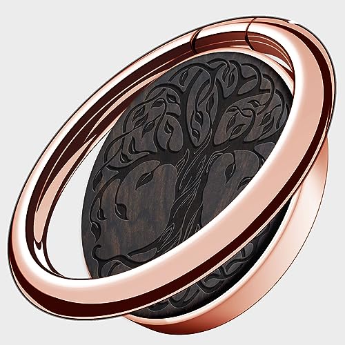 Carveit Handy Fingerhalterung Smartphone Ring Handy Ring, Handyring Holz & Metall Handyring aus kompatibel iPhone, Samsung, Google Pixel, Roségold-Dunklesholz/Baum des Lebens [1 Stücke] von Carveit